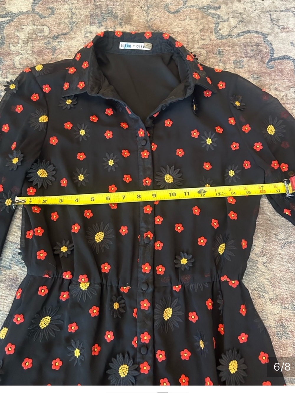 Alice + Olivia Enid Black Sheer Long-Sleeve Floral Embroidered Appliqué Size 6 - Picture 6 of 8